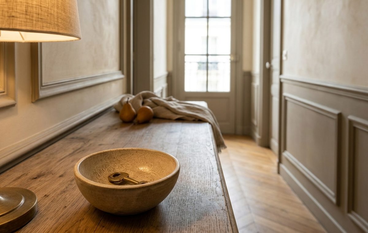 Rustic entryway console styling with ceramic catchall bowl, brass lamp, and French wainscoting