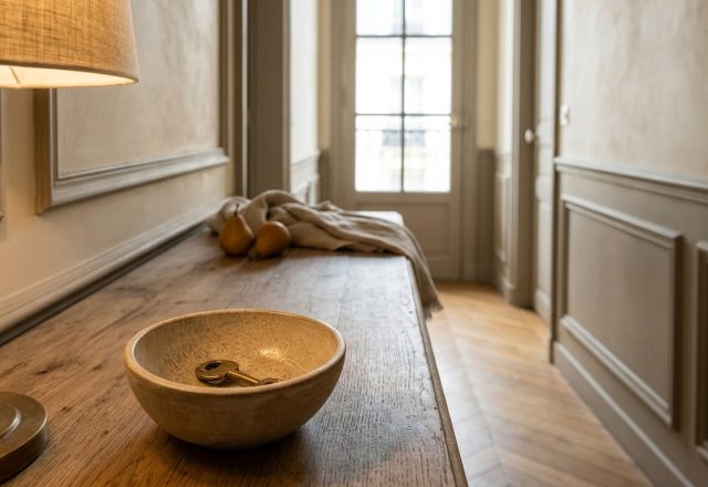 Rustic entryway console styling with ceramic catchall bowl, brass lamp, and French wainscoting