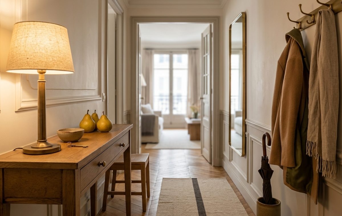 Warm entryway console styling featuring a brass lamp, wooden console table, and herringbone parquet floors.