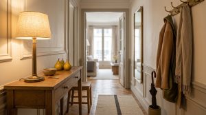 Warm entryway console styling featuring a brass lamp, wooden console table, and herringbone parquet floors.