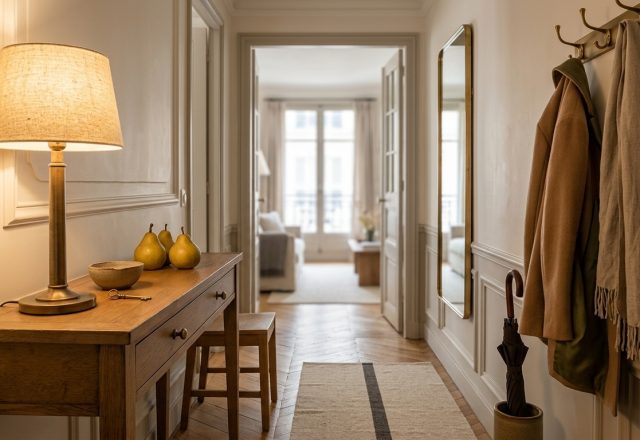 Warm entryway console styling featuring a brass lamp, wooden console table, and herringbone parquet floors.