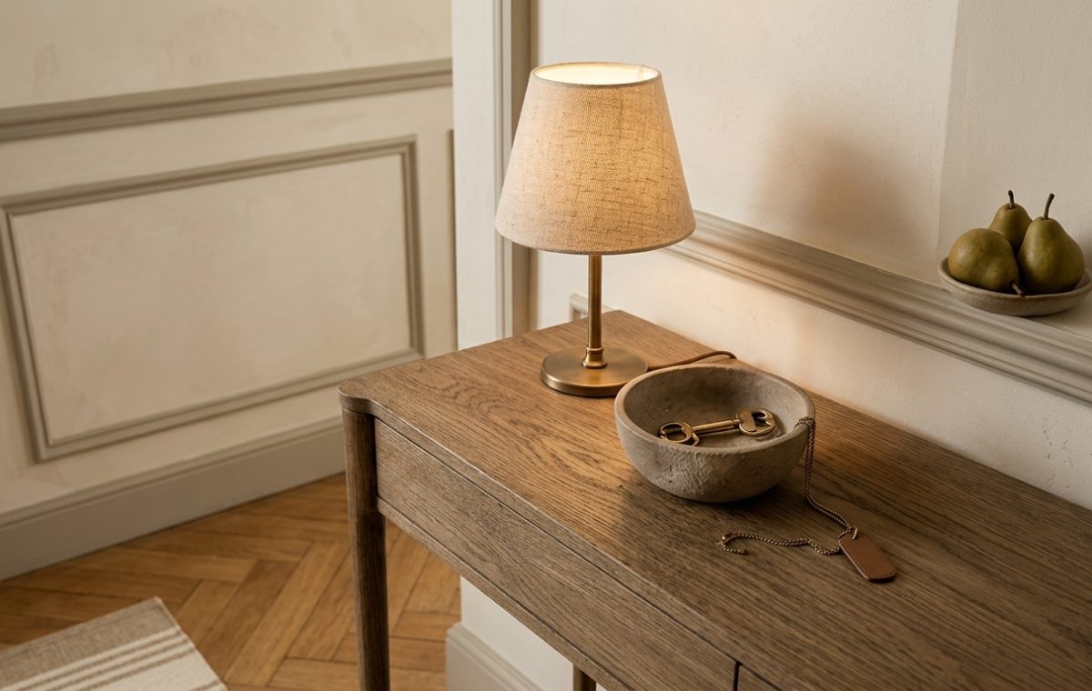 Warm entryway console styling featuring a petite linen shade lamp, stone catchall bowl, and parquet floor.