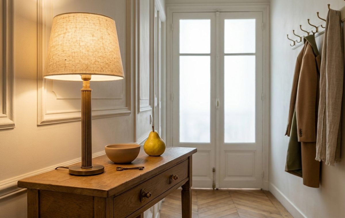 Warm entryway console styling featuring a brass table lamp, shallow drop bowl, and herringbone floors