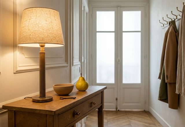 Warm entryway console styling featuring a brass table lamp, shallow drop bowl, and herringbone floors
