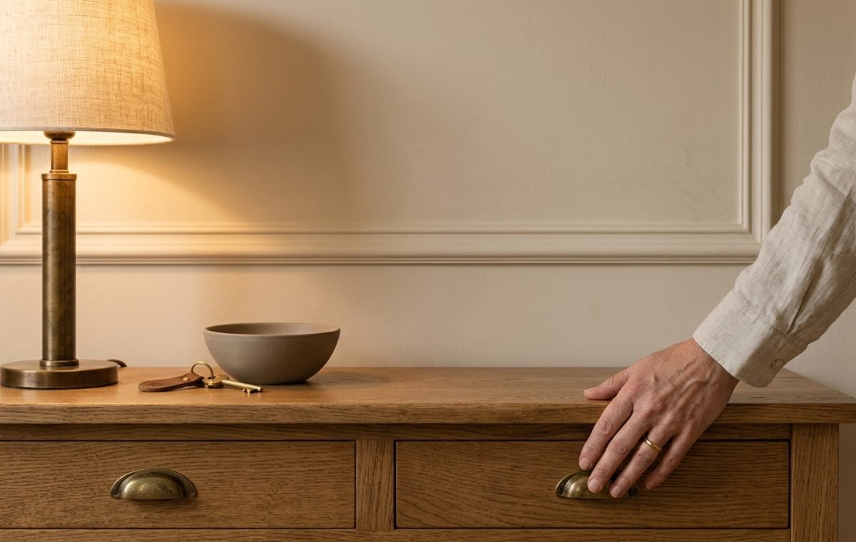 A hand reaching for the drawer of a wooden entryway console table featuring a brass lamp and a key bowl.