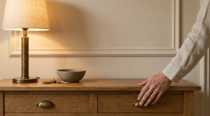 A hand reaching for the drawer of a wooden entryway console table featuring a brass lamp and a key bowl.