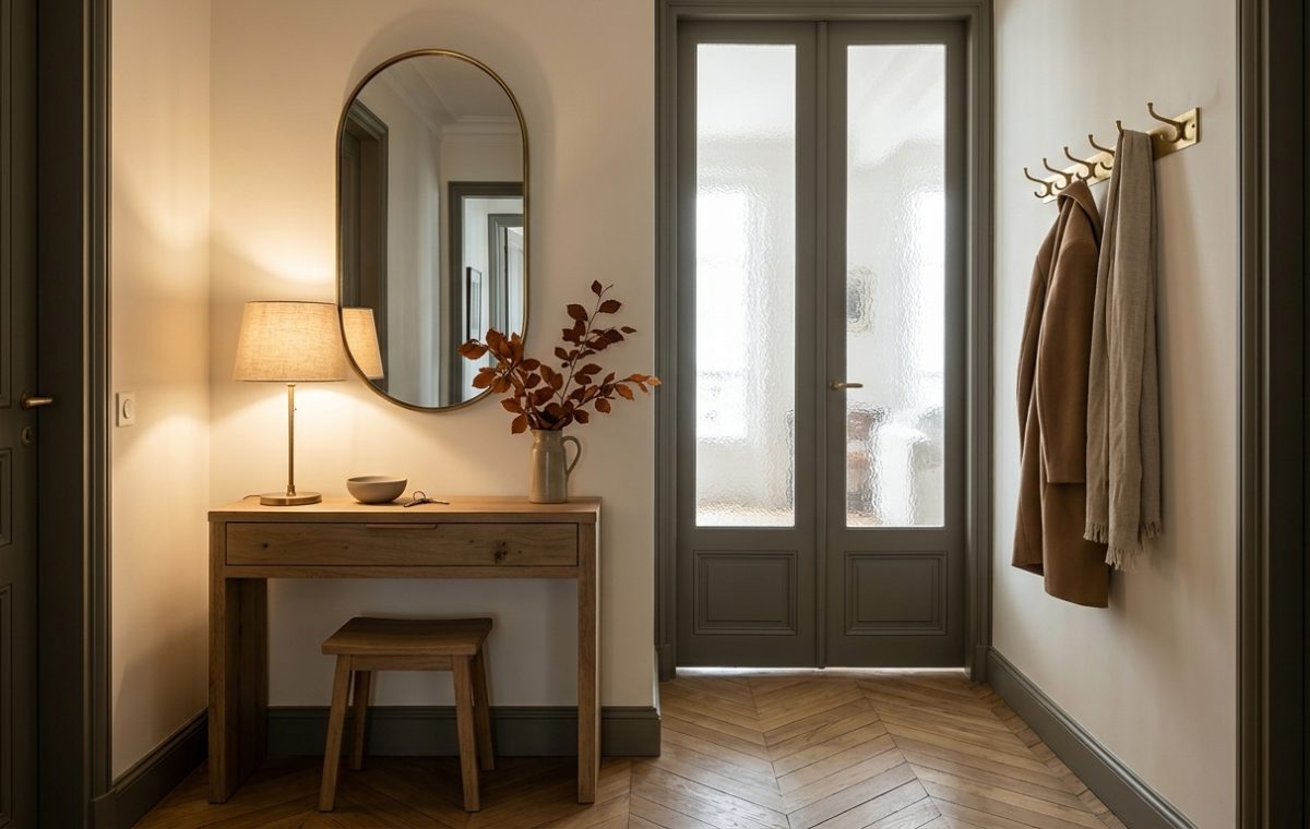 Entryway console table ideas featuring an oak vanity desk, brass pill mirror, and warm table lamp.