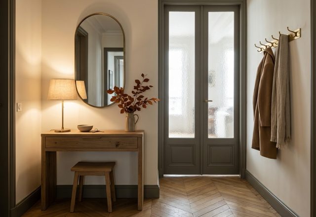Entryway console table ideas featuring an oak vanity desk, brass pill mirror, and warm table lamp.