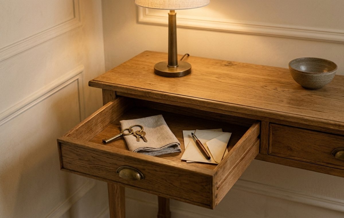 A wooden entryway console table featuring an open drawer with keys, a desk lamp, and a ceramic bowl.