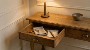 A wooden entryway console table featuring an open drawer with keys, a desk lamp, and a ceramic bowl.