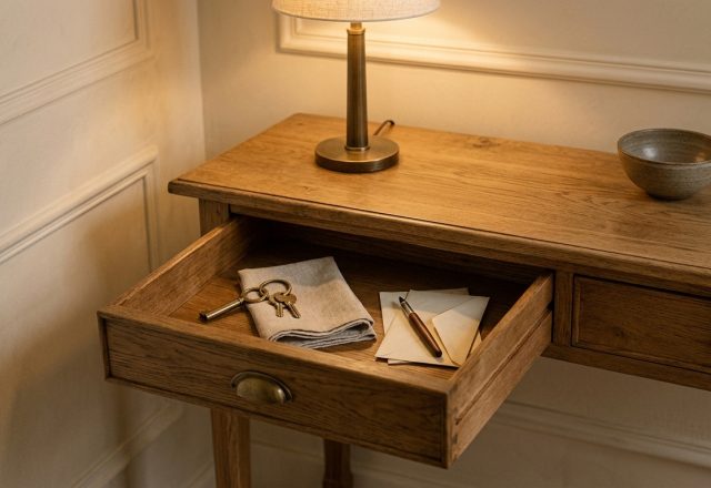 A wooden entryway console table featuring an open drawer with keys, a desk lamp, and a ceramic bowl.