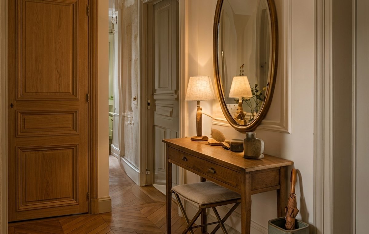 Elegant entryway console table styling with an oval wall mirror, small stool, and chevron wood floor