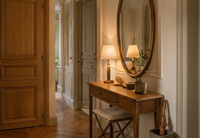 Elegant entryway console table styling with an oval wall mirror, small stool, and chevron wood floor