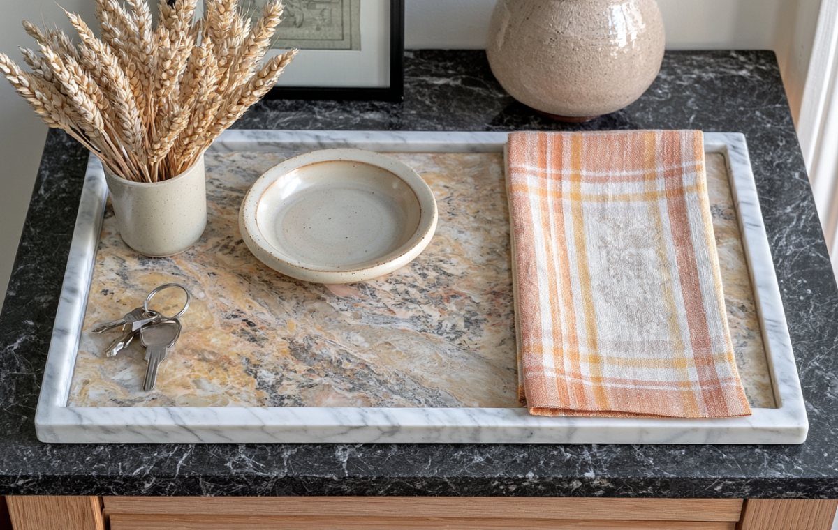 Stylish entryway drop zone featuring a marble tray, ceramic bowl, keys, and dried wheat on a dark countertop