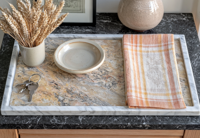 Stylish entryway drop zone featuring a marble tray, ceramic bowl, keys, and dried wheat on a dark countertop