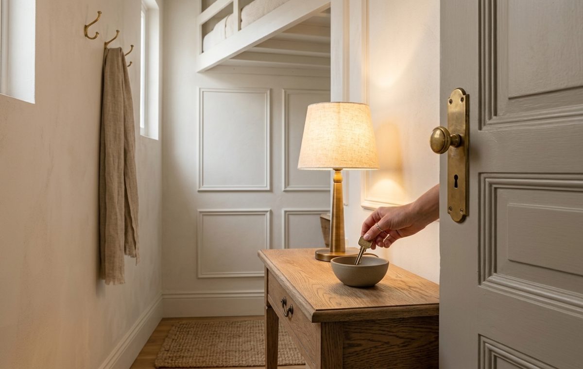 Hand dropping keys into a ceramic catchall bowl during entryway drop zone styling on a slim console table.