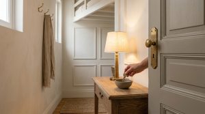 Hand dropping keys into a ceramic catchall bowl during entryway drop zone styling on a slim console table.