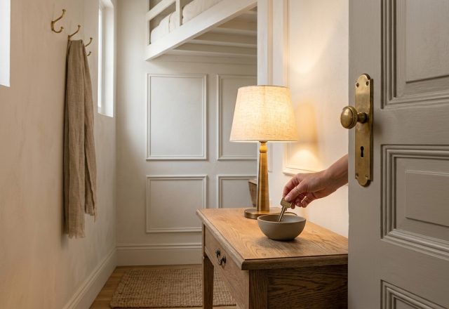 Hand dropping keys into a ceramic catchall bowl during entryway drop zone styling on a slim console table.
