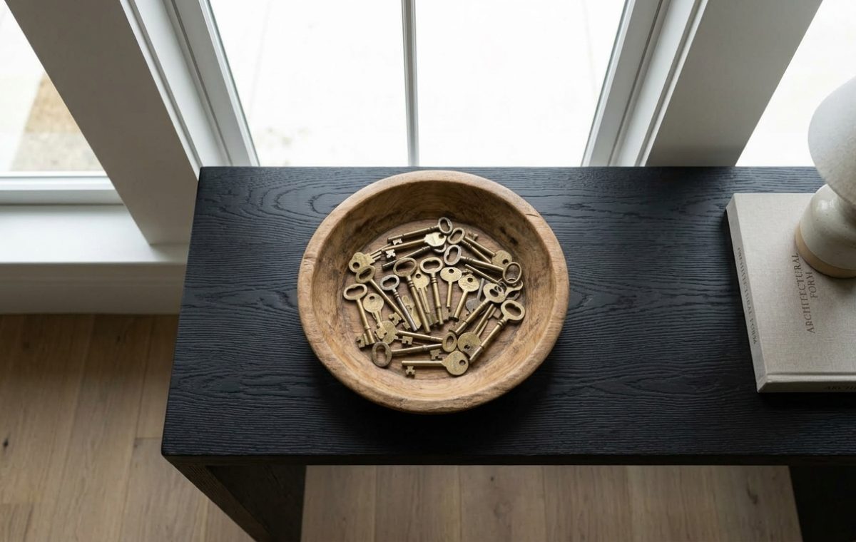 Entryway drop zone styling featuring a wooden bowl of brass keys on a dark wood console table