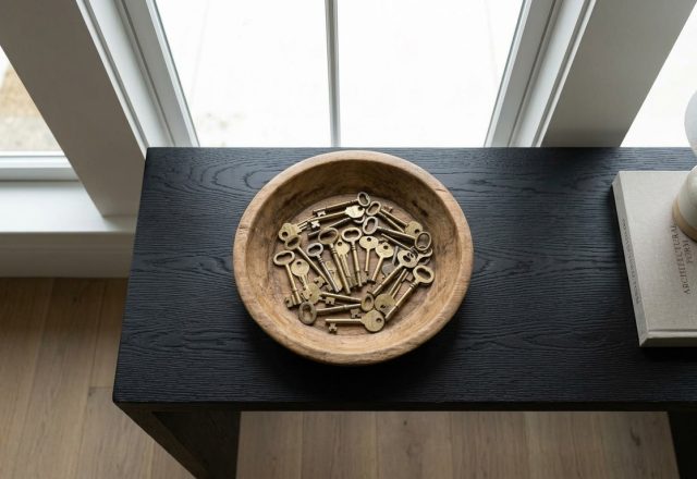Entryway drop zone styling featuring a wooden bowl of brass keys on a dark wood console table