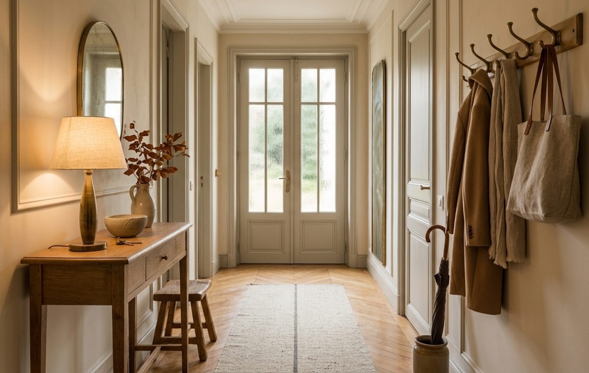 Classic entryway hallway design featuring a slim wood console table, coat rack, and herringbone wood floors.