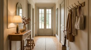Classic entryway hallway design featuring a slim wood console table, coat rack, and herringbone wood floors.