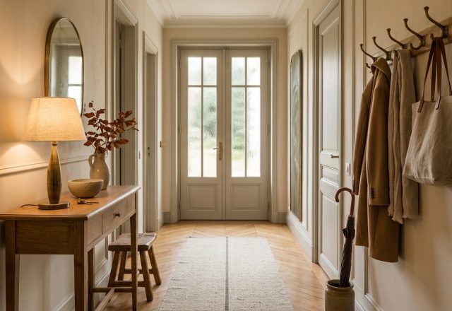 Classic entryway hallway design featuring a slim wood console table, coat rack, and herringbone wood floors.