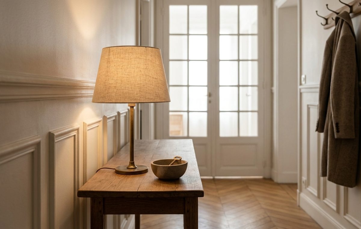 Warm entryway lighting from a brass table lamp placed on a slim wooden console table in a panel-walled hallway