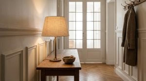 Warm entryway lighting from a brass table lamp placed on a slim wooden console table in a panel-walled hallway