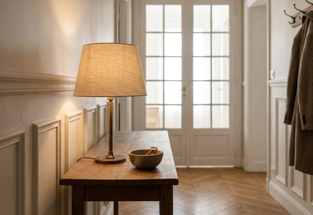 Warm entryway lighting from a brass table lamp placed on a slim wooden console table in a panel-walled hallway