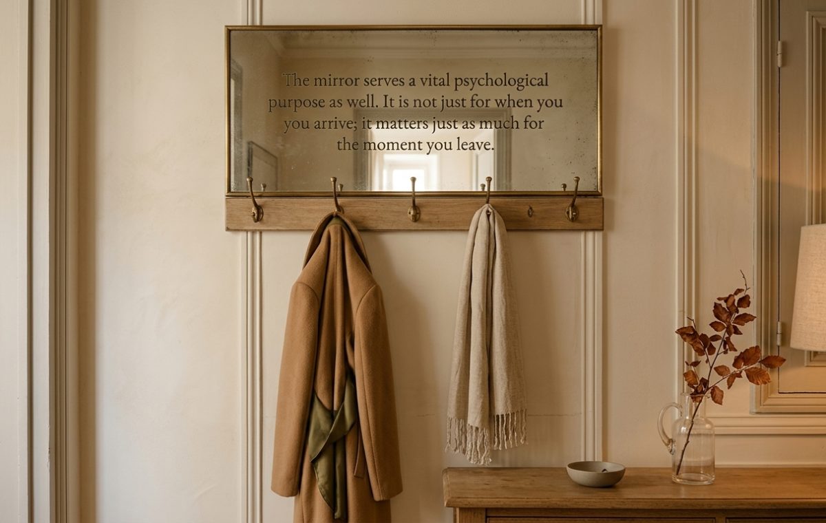 Vintage entryway mirror placement above an oak coat rack with a camel coat and cream scarf