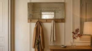 Vintage entryway mirror placement above an oak coat rack with a camel coat and cream scarf