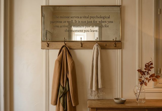Vintage entryway mirror placement above an oak coat rack with a camel coat and cream scarf