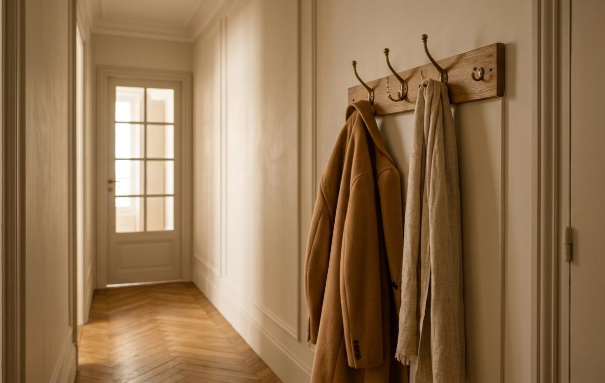 A minimalist hallway with a wall-mounted coat rack, brass hooks, and herringbone flooring for entryway organization.