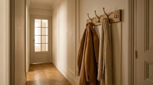 A minimalist hallway with a wall-mounted coat rack, brass hooks, and herringbone flooring for entryway organization.