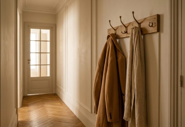 A minimalist hallway with a wall-mounted coat rack, brass hooks, and herringbone flooring for entryway organization.