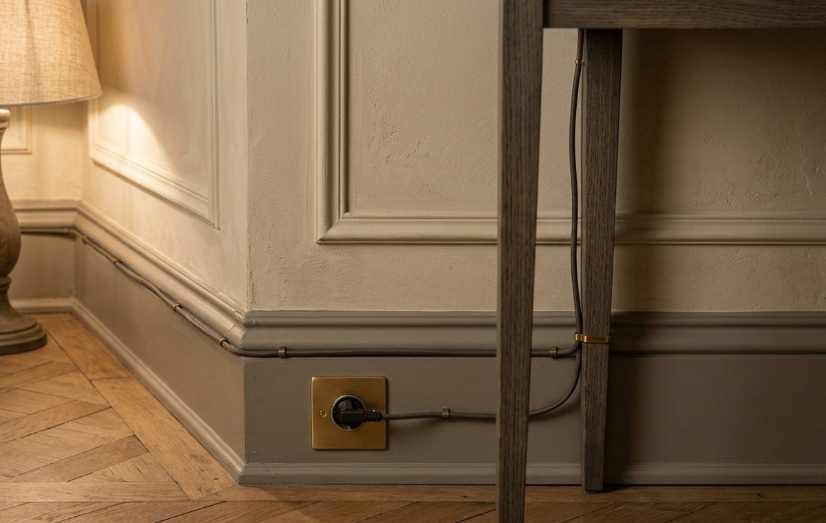 Exposed cable management using brass cable clips and fabric cord running along historic grey baseboards.