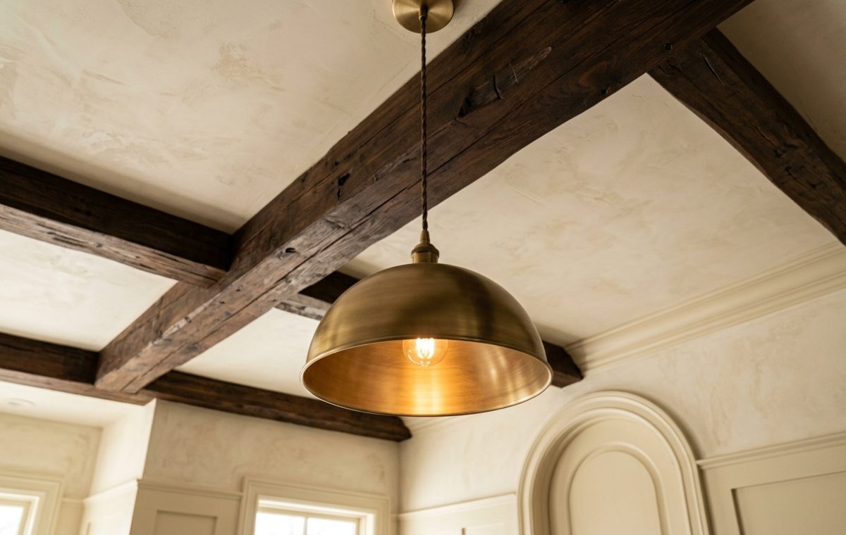 Brushed brass pendant light hanging beneath dark exposed ceiling beams in a transitional interior space.