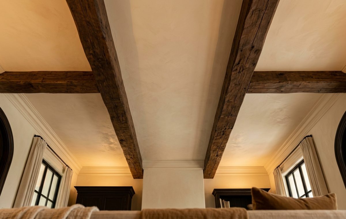 Rustic exposed ceiling beams crossing a textured plaster ceiling in a bright living space.