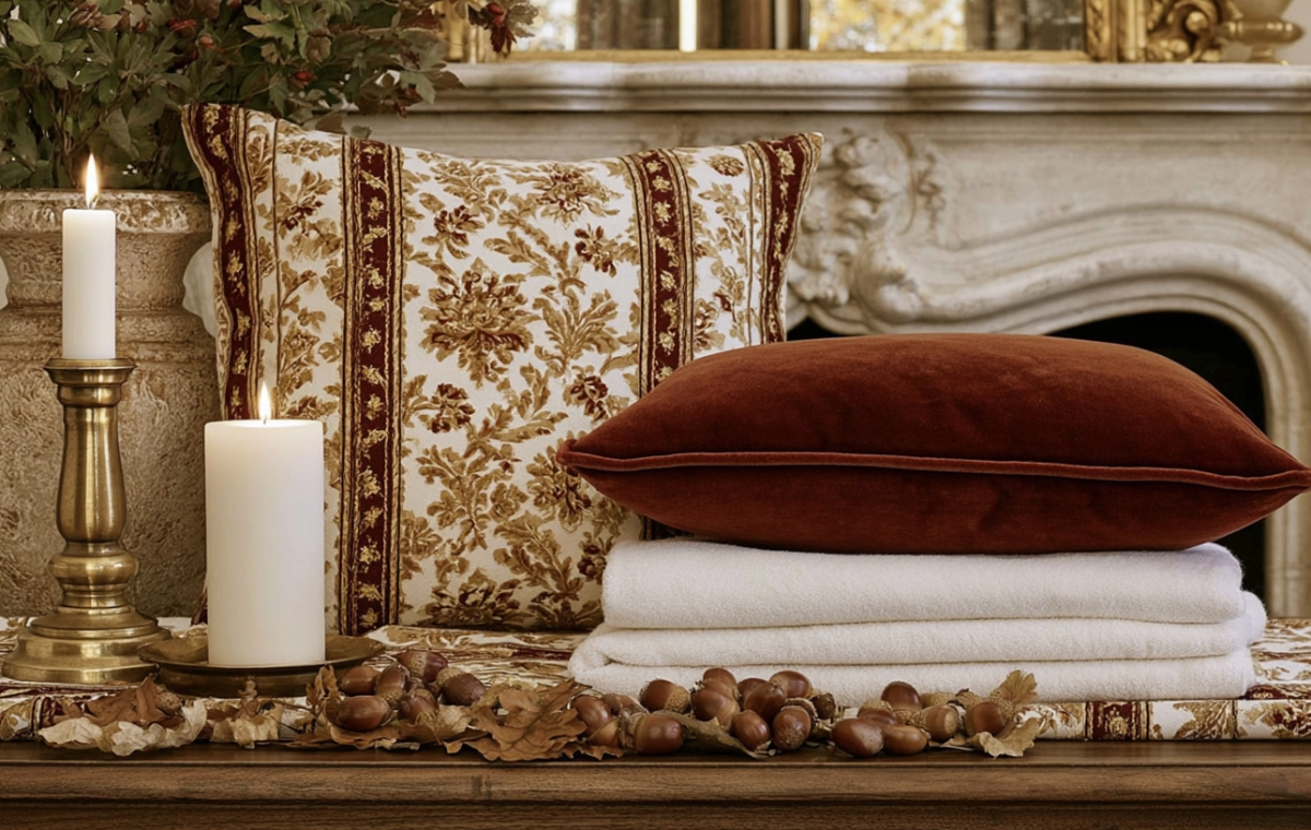 Fall fireplace mantel decor featuring velvet pillows, brass candlesticks, and scattered acorns on a wooden ledge.