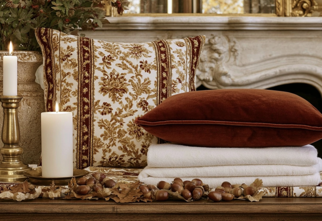 Fall fireplace mantel decor featuring velvet pillows, brass candlesticks, and scattered acorns on a wooden ledge.
