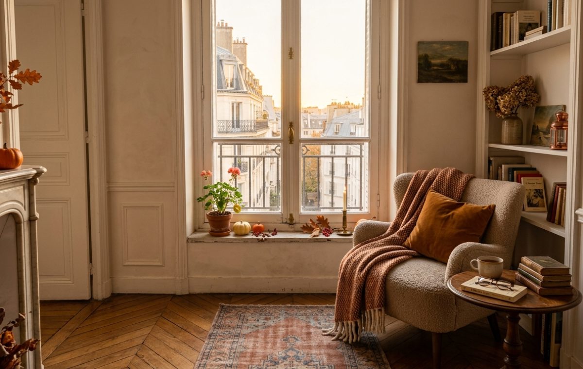 Cozy fall living room decor featuring a boucle armchair with an orange throw pillow and autumn city views outside the window.