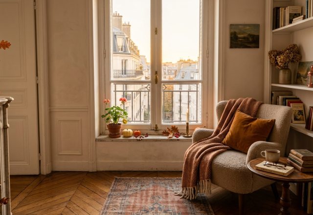 Cozy fall living room decor featuring a boucle armchair with an orange throw pillow and autumn city views outside the window.