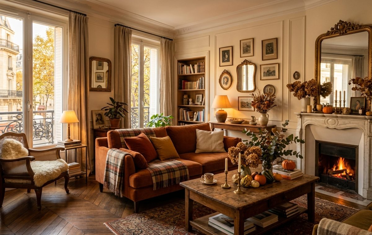 Cozy fall living room decor featuring a rust sofa, marble fireplace, and warm autumn accents.