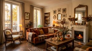 Cozy fall living room decor featuring a rust sofa, marble fireplace, and warm autumn accents.