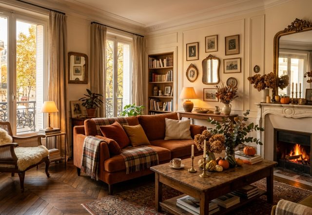 Cozy fall living room decor featuring a rust sofa, marble fireplace, and warm autumn accents.