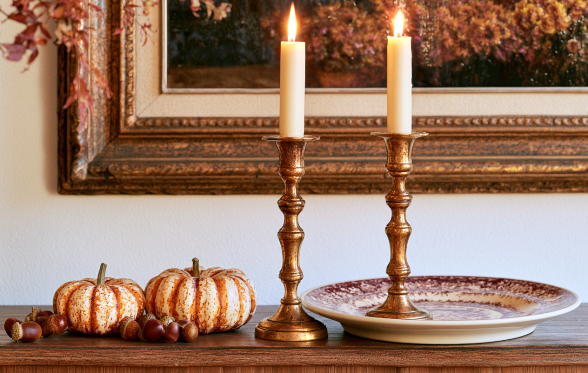 Fall mantel decor featuring lit taper candles in brass holders, mini pumpkins, and acorns on a wooden table.