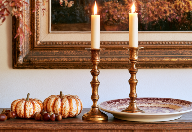 Fall mantel decor featuring lit taper candles in brass holders, mini pumpkins, and acorns on a wooden table.