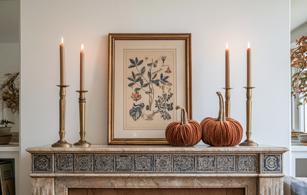 Elegant fall mantel decor featuring brass candlesticks, botanical art, and velvet pumpkins on a marble fireplace.