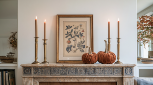 Elegant fall mantel decor featuring brass candlesticks, botanical art, and velvet pumpkins on a marble fireplace.